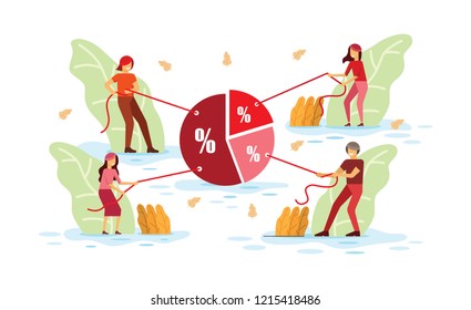 Teamwork, data analysis and corporate strategy, people group analyze and collect pie chart, vector illustration