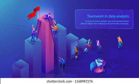 Teamwork in Data Analysis Isometric Vector Banner with Office People Working Together to Reach Top in Business. Collaboration in Analysis of Financial Statistics, Business Data Researching Concept