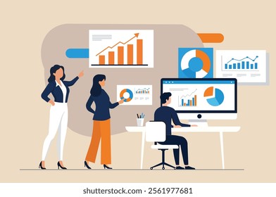 Teamwork in data analysis and presentation concept ,professionals discussing charts,
 graphs, and analytics in a modern office. Business growth, collaboration, and technology visualization.


