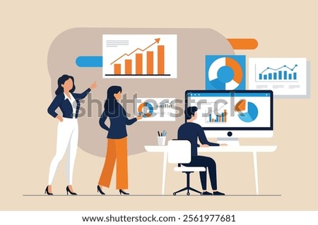 Teamwork in data analysis and presentation concept ,professionals discussing charts,
 graphs, and analytics in a modern office. Business growth, collaboration, and technology visualization.


