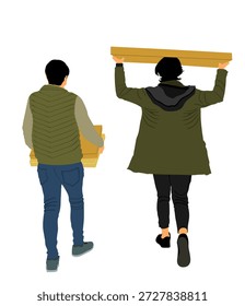 Homem de entrega trabalho em equipe carregando pacote de caixa por mãos na cabeça ilustração vetor isolado. Depósito de distribuição. Garoto operário segurando serviço de carga. Homem prático transporte mover ação trabalhadores movendo mercadorias