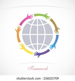Teamwork design background hands around world map illustration
