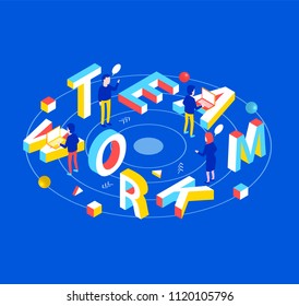 Teamwork design concept. Teamwork 3d word lettering typography with office workers and computers. Flat 3d isometric style. Isometric design for business banner. Vector illustration.