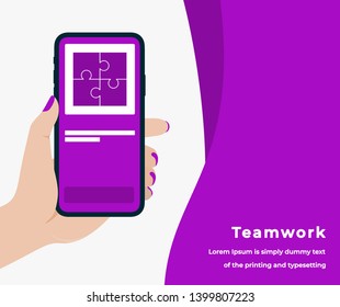 Teamwork Design Concept in Purple Color with Woman Hand Holding a Smartphone with Puzzle Pieces on Screen, Headline and Text Place. Suitable for Web banner, Infographics, Flat Vector Illustration 