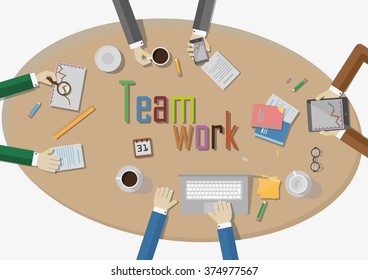 Teamwork.  A lot of design elements are included: computers, mobile devices, desk supplies, pencil,coffee mug, sheets,documents and so on.