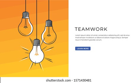 Teamwork. Design idea with light bulbs, headline and text place or button with text. Modern style illustration for web banners, hero images, printed materials.