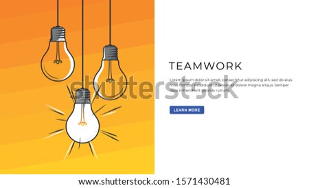 Teamwork. Design idea with light bulbs, headline and text place or button with text. Modern style illustration for web banners, hero images, printed materials.