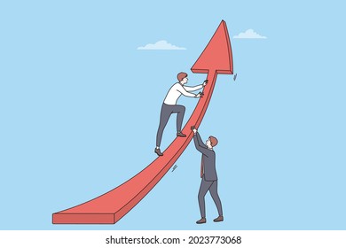 Teamwork, development, collaboration in business concept. Two young businessmen in suits putting huge red arrow up as symbol of success and progress together vector illustration 