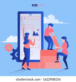 Teamwork and development concept. Group of people (man and woman) build together an application on a smartphone. Vector illustration