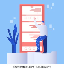 Teamwork and development concept. Man building an app from smartphone. Business vector illustration