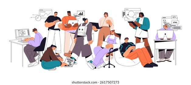 Teamwork development concept. Team of programmers, coders, analysts, software engineers is programming, writes scripts, code, works at computers together. Flat isolated vector illustration on white