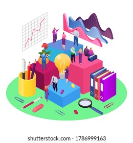 Teamwork and development data analysis graphs and data isometric vector illustration. Financial report and strategy. Business team-work for investment growth, marketing and managment in team.