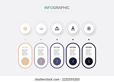 trabajo en equipo, Disciplina, comunicación, toma de decisiones, iconos de destreza suave plantilla de diseño infográfico. Concepto creativo con 5 pasos