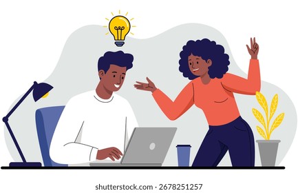 Trabalho em equipe discutindo ideia criativa com conceito de lâmpada elétrica
