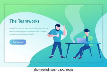a teamwork discussing project. people working with laptop landing page vector design illustration