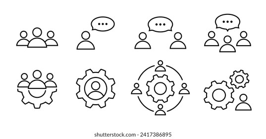 Teamwork and discussion, brainstorming and process line icon set in flat. Talking people, man in process with cog and meeting symbols. Simple abstract icons Vector illustration for graphic design, web