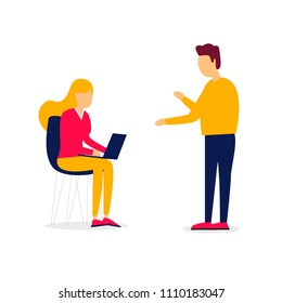 Teamwork, discussion, office, workplace, character, meeting. Business characters. Flat style vector illustration