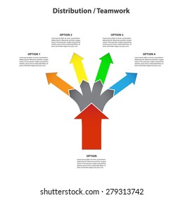 Teamwork and Distribution - 4 Bright Vertical Diverging Arrows, Isolated on White Background - Vector Infographic