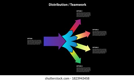 Teamwork and Distribution - 4 Horizontal Diverging Arrows, Isolated on Black Background - Vector Infographic