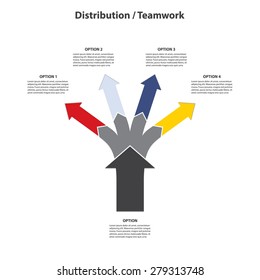 Teamwork and Distribution - 4 Vertical Diverging Arrows, Isolated on White Background - Vector Infographic