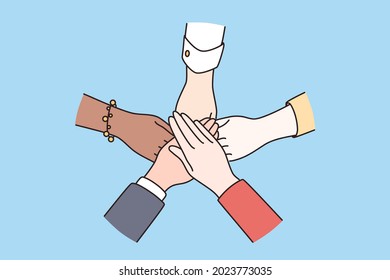 Teamwork, diversity, agreement, partnership concept. Human hands of mixed ethnic group holding together. meaning social community and unity vector illustration 