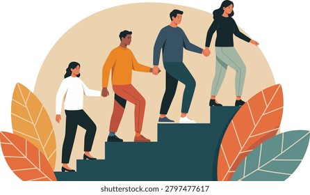Teamwork, diversity, people, climbing stairs, cooperation, success, support, growth, unity.