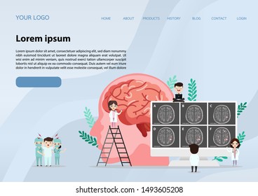 Teamwork of doctors is diagnosing the brain.  Mental health concept. Solving mental problems. Psychotherapy and help.Flat vector illustration.