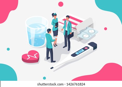 Teamwork of doctors. Medical brainstorm. Collective discussion. Medical research. Healthcare concept. Vector illustration flat design. Isolated on white background. Web banner poster template.