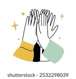 Teamwork doodle concept. Hands giving high five celebrating success. Hand drawn vector illustration.