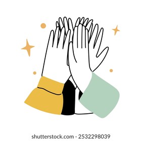 Teamwork doodle concept. Hands giving high five celebrating success. Hand drawn vector illustration.