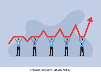 Trabalho em equipe impulsionando o crescimento dos negócios com a ilustração do vetor plano 2d do gráfico crescente