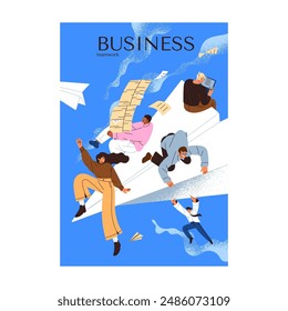 Teamwork during launch startup poster. People, colleagues work together on start up. Business team flying on paper airplane in the sky. Concept of leadership in project. Flat vector illustration