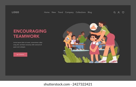 Teamwork dynamics concept. Teacher encouraging shy schoolgirl with hearing aid to participate in group project in class. Promoting collaborative learning. Supportive environment. Flat vector