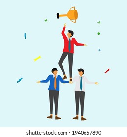 teamwork to earn trophies, flat illustration vector graphic