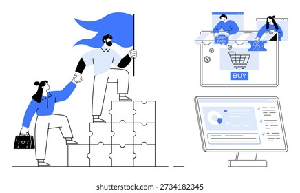 Teamwork, e-commerce, financial planning, online shopping, analytics, business growth. Figures climbing puzzle blocks and online shopping cart with monitor display. Teamwork and e-commerce concept
