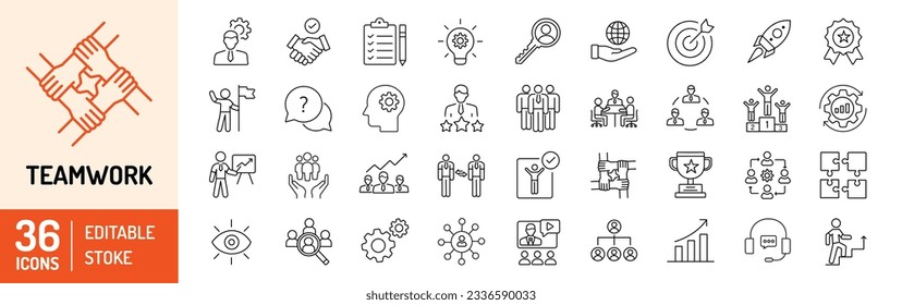 Conjunto de iconos de contorno de trazo editable de trabajo en equipo. Equipo empresarial, colaboración, trabajo en equipo, gestión de equipos, discusión, interacción y solución. Ilustración vectorial.