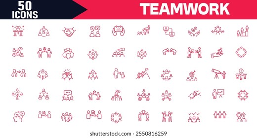 Conjunto de iconos de contorno de trazo editable de trabajo en equipo, Personas, negocios, cooperación, alianza, Organización, liderazgo, recursos humanos, Ilustración vectorial de reclutamiento