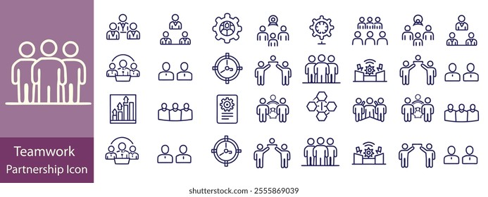 Teamwork editable stroke outline icons set. Business team, collaboration, teamwork, team management, discussion, interaction and solution. Vector illustration.