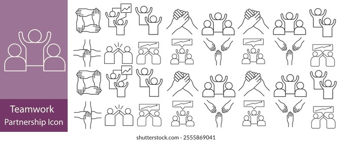 Teamwork editable stroke outline icons set. Business team, collaboration, teamwork, team management, discussion, interaction and solution. Vector illustration.