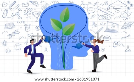 Teamwork and education concept. People collaborate to grow knowledge by watering a plant in a brain. Vector illustration for mentorship, coaching, and innovation.