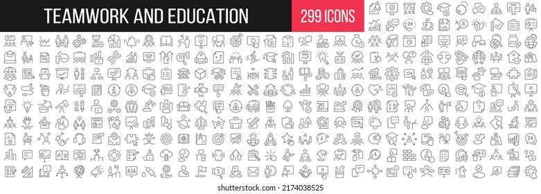 Teamwork and education linear icons collection. Big set of 299 thin line icons in black. Vector illustration