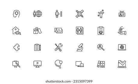 Colección de iconos lineales de trabajo en equipo y educación.Conjunto de iconos web de línea delgada, colección de iconos de contorno simple, Iconos Perfectos de píxeles, Ilustración vectorial simple.
