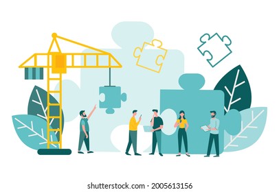 Teamwork Effective business strategy bulding Сonstruction crane assembles pieces of jigsaw puzzles Concept vector illustration