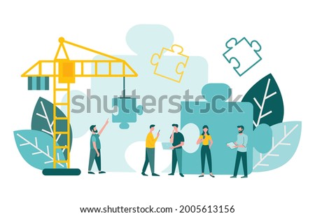 Teamwork Effective business strategy bulding Сonstruction crane assembles pieces of jigsaw puzzles Concept vector illustration