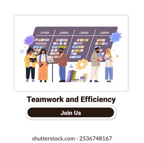 Teamwork and efficiency business concept people collaborating on project management board colorful sticky notes gears books website banner