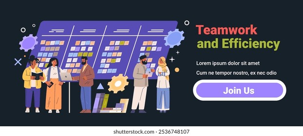 Teamwork and efficiency concept with diverse team members collaborating in front of a task board dark background gears and books website banner