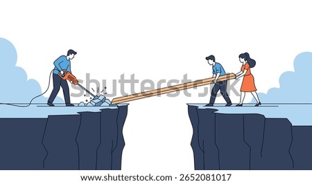 Teamwork effort to bridge a gap with a plank supported by people working together