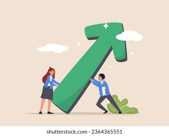 Teamwork effort concept. Help growing business, resistance or support for business growth, cooperation to improve and raising performance, business team members help push arrow rising up graph.