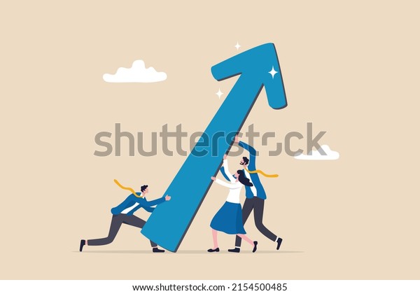 Teamwork effort to help growing business,\
resistance or support for business growth, cooperation to improve\
and raising performance concept, business team members help push\
arrow rising up\
graph.