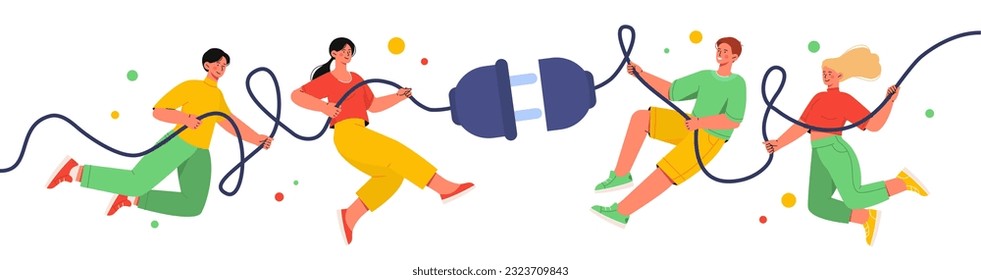 Teamwork with electric plug concept. Partners and colleagues plugging connecting together. Collaboration and cooperation. Business team work at common project. Cartoon flat vector illustration